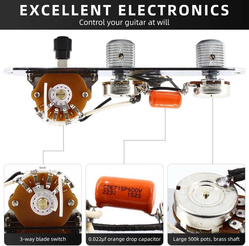Domofa Loaded Guitar Control Plate for Telecaster Electric Guitar Prewired 3 Way Switch 500K Potentiometers Tone Volume Knob with Wiring Harness (Chrome) - Image 5